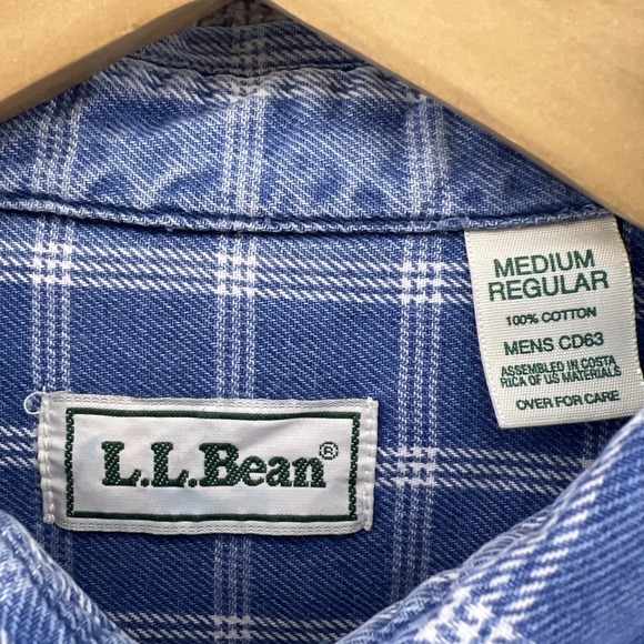 Men's LLBean Size Med Blue White Plaid Heavy Twill Button Down Long Sleeve Shirt - Picture 7 of 14